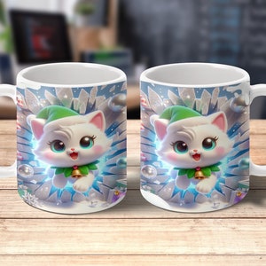 3D Kitten Hole In A Wall Mug Wrap kawaii cat digital print, funny cat mug, gift for cat lover, coffee mug for cat mom, Christmas mug wrap