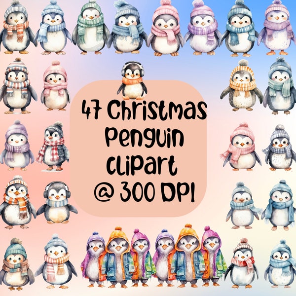 Watercolor winter Penguin clipart for Christmas - bundle of 47 transparent pngs for ornaments, stickers, tumblers, shirts, Christmas cards