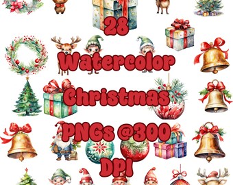 Aquarel kerst PNG Clipart-bundel voor knutselen - inclusief elfen, kabouters, ornamenten, geschenken, rendieren, bellen, bomen, bundels-28 png-bundel