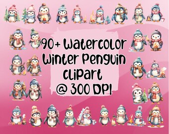 Aquarel pinguïn clipart, winter pinguïn clipart, vakantie pinguïn, kerst pinguïn, Cottagecore aquarel winter bundel 96 png bundel