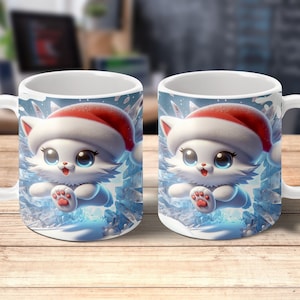 3D Kitten Hole In A Wall Mug Wrap kawaii cat digital print, cute gift mug gift for her, cat lover mug cat gift, running Christmas Santa cat