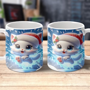 3D Kitten Hole In A Wall Mug Wrap kawaii cat digital print digital mug 3D mug 3D print mug printing, running Christmas Santa cat, png wrap