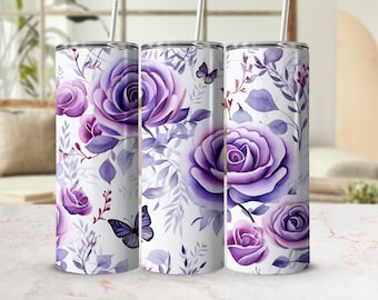 Paarse roos beker wrap, aquarel roos png, aquarel vlinder png, vlinder beker, Valentijn beker wrap png, roos naadloos patroon