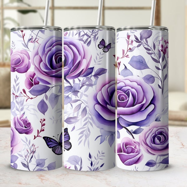 Purple Rose tumbler wrap, Watercolor rose png, watercolor butterfly png, butterfly tumbler,Valentine tumbler wrap png, rose seamless pattern