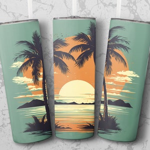 May include: Three stainless steel tumblers with a tropical sunset design. The tumblers feature a green background with palm trees, a setting sun, and a body of water.