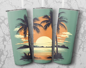 Oceaan palmbomen strand zonsondergang beker png 20oz mager taps toelopende rechte beker sublimatie strand ontwerp volledige beker omslag png