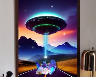 Spaceship UFO Dropping Geodes Sci-Fi Abstract Digital Download Printable Wall Art