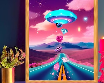 Blue and Pink UFO Sci-Fi Abstract Digital Download Printable Wall Art Poster