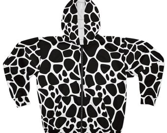 Sweat à capuche unisexe noir et blanc imprimé girafe zippé sur le devant
