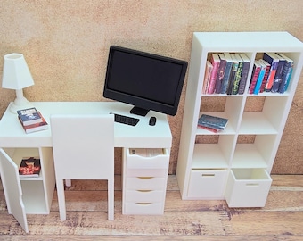 1/12 scale miniature Ikea style bookshelf with box drawers for dollhouses.