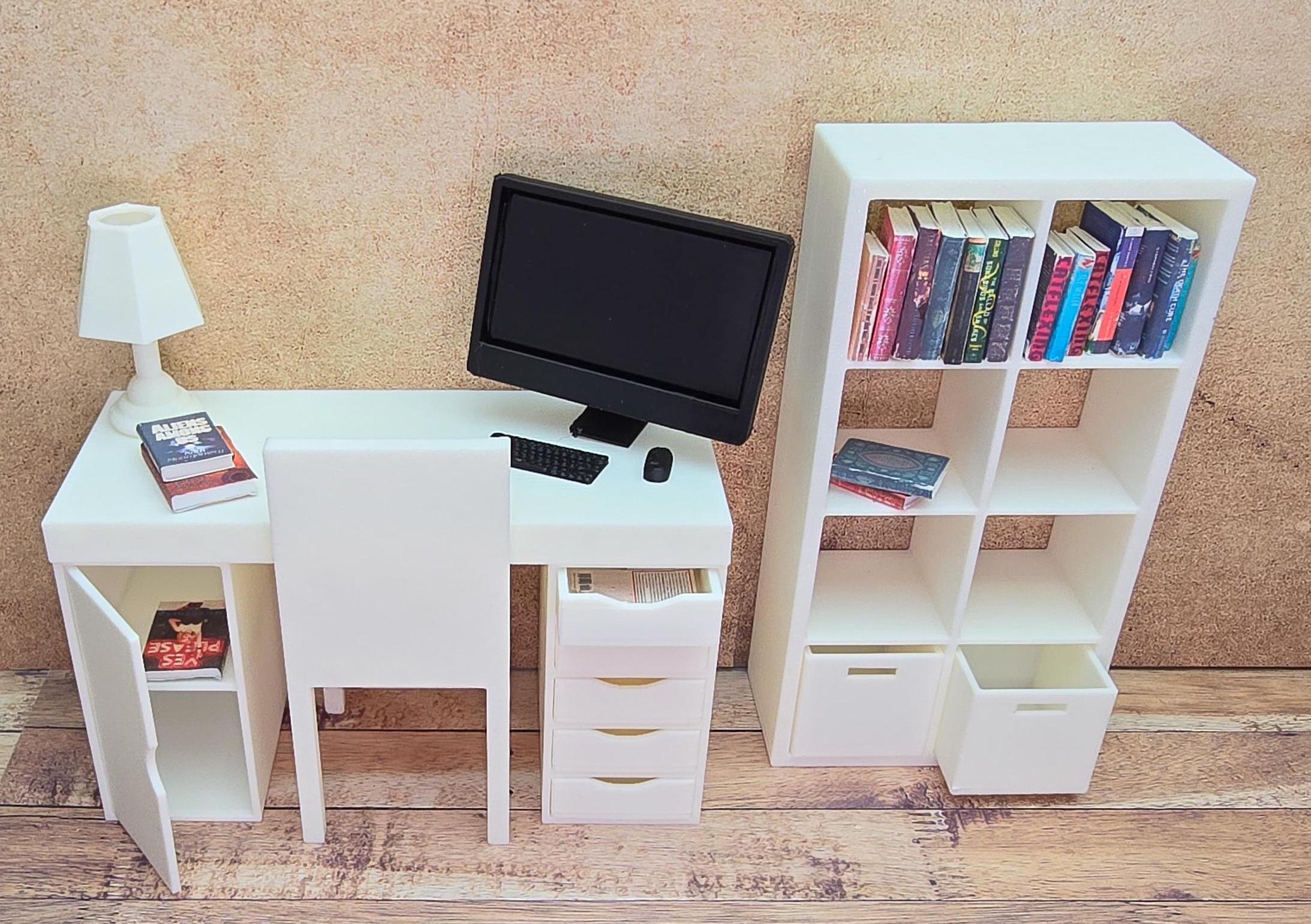 1/12 scale miniature Ikea style bookshelf with box drawers for dollhouses.
