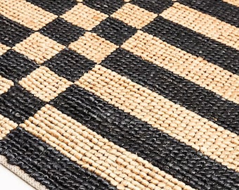 Handgeweven jute vloerkleed: boho gestreept geruit ontwerp, loper 3 x 2,1 m