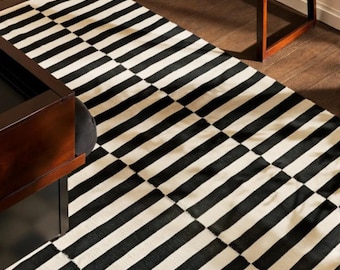 Handwoven Black White Striped Geometric Rug, Contemporary Home Decor | Custom Sizes