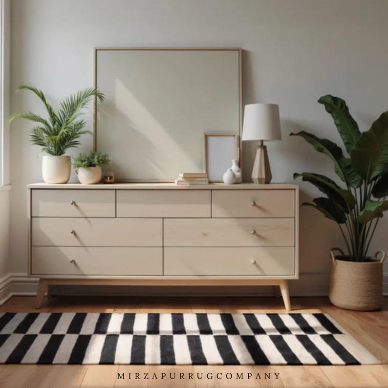 Dresser Rug Handwoven Black White Striped Geometric Rug, Contemporary Home Decor ...