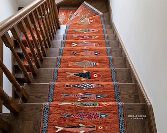 Koi Fish Stair Runner Rug | Hand-Knotted Soft Wool Carpet for Kitchen and Hallway Rug | Custom Sizes