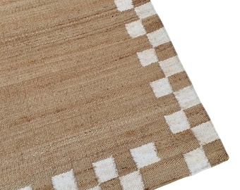 Handwoven Natural Jute Rug with Checkered Border – Eco Friendly Boho Farmhouse Area Rug