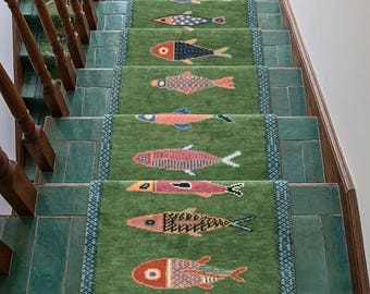 Tapis d'escalier poissons koi | Tapis en laine verte noué à la main pour la cuisine et le couloir
