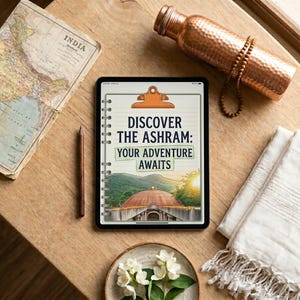 May include: A wooden table with a tablet showing the text "DISCOVER THE ASHRAM: YOUR ADVENTURE AWAITS." An old map of India, a copper water bottle, a pencil, a small dish with flowers, and a white towel are arranged on the table.