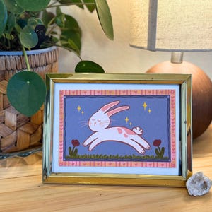 Whimsical Bunny Rabbit Art Print: Colorful Folk Nursery Decor