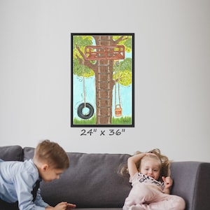 Personalized Tree House Canvas Wall Art Print with Tire Swing, Ladder, Whimsical Hangout Post on Tree, Gift for Baby Nursery, Kid Room Décor