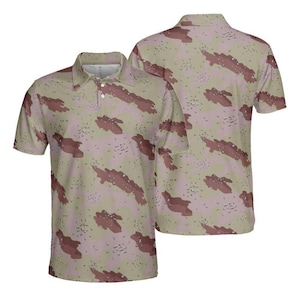 May include: A short-sleeved polo shirt with a camouflage pattern in shades of brown, beige, and pink. The shirt has a button-down collar and a two-button placket.