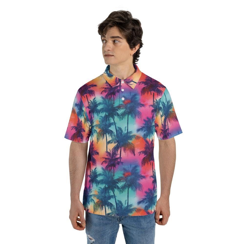 Neon Purple Tropical Palm Tree Butterfly Print Men's Golf Shirts main image 0