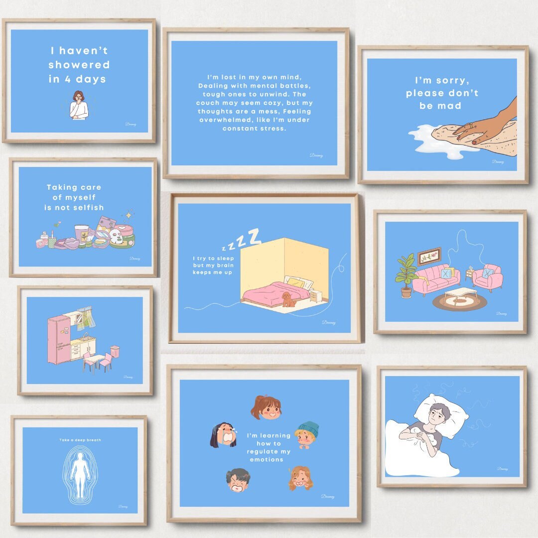 10 Pack of Cute Blue Kawaii Art Room Decor Mental Health Etsy