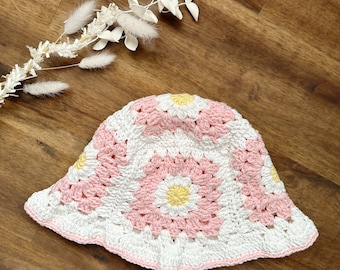 Crochet Hat, Pink Granny Square Hat, Toddler Hat, Children’s Crochet Hat, Crochet Cotton Hat, Crochet Daisy Hat