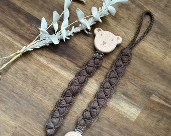 Crochet Brown Dummy Clip, Dummy Clip, Wooden Dummy Clip, Teddy Pacifier,  Braided Pacifier chain, Teddy Bear