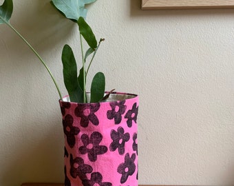 Hot Pink Floral Pot Plant Cover Indoor Fabric Planter Block Print Handmade Upcycled Storage Bag Minimalist Up-cycled Gift For Her