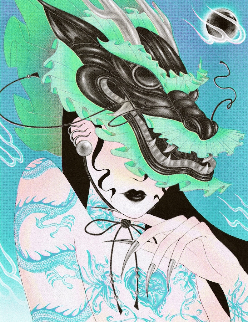 May include: Illustration of a person wearing a black and green dragon mask. The person has long black hair, a black bow, and a light blue dragon tattoo on their shoulder. The background is light blue with a planet.