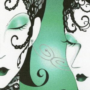 May include: An illustration featuring two faces with closed eyes, green eyeshadow, and dark green lips. The figures are adorned with intricate black lace patterns on their hair and neck, set against a vibrant green gradient background.