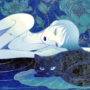 May include: Artistic illustration featuring a reclining figure with pale skin and blue hair, resting near a black cat. The background is a deep blue with floral patterns. The artwork has a serene, dreamlike quality.