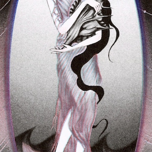 May include: Illustration of a woman in a flowing gown, holding a dark, stylized object. The artwork is framed within an oval, with a dark background and delicate lines. The color palette is primarily black, white, and shades of purple.