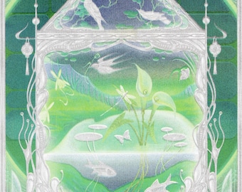 May include: A detailed illustration of a terrarium-like structure with a serene, underwater scene. The artwork features a variety of aquatic plants, fish, and other creatures, all rendered in shades of green, blue, and white. The overall aesthetic is whimsical and dreamlike.