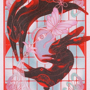 May include: An artistic illustration featuring a stylized design with a red and black color scheme. The artwork includes a butterfly, hands, and floral elements, set against a light blue and white grid background. The overall theme is decorative and artistic.