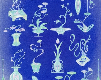 May include: An illustration featuring stylized plant designs in various containers against a blue background. The plants and containers are in shades of green and white, with delicate lines and shapes. The overall aesthetic is whimsical and decorative.