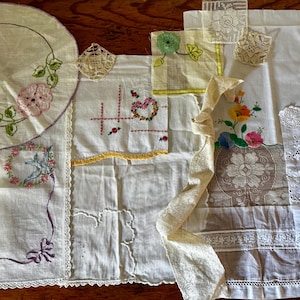 Vintage Linen & Embroidery Bundle for Textile Collage, Slow Stitch, Mixed Media Crafts #2