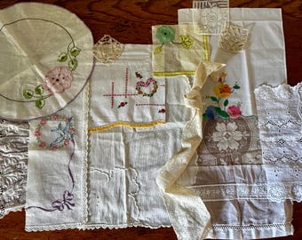 Vintage Linen & Embroidery Bundle for Textile Collage, Slow Stitch, Mixed Media Crafts #2