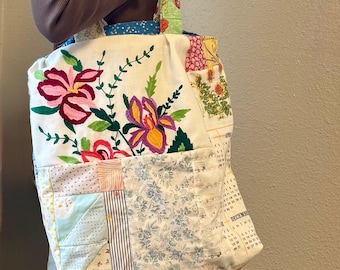 One of a Kind Patchwork Purse, Made from Upcycled Linens & Vintage Embroidery, Floral Cottagecore Tote