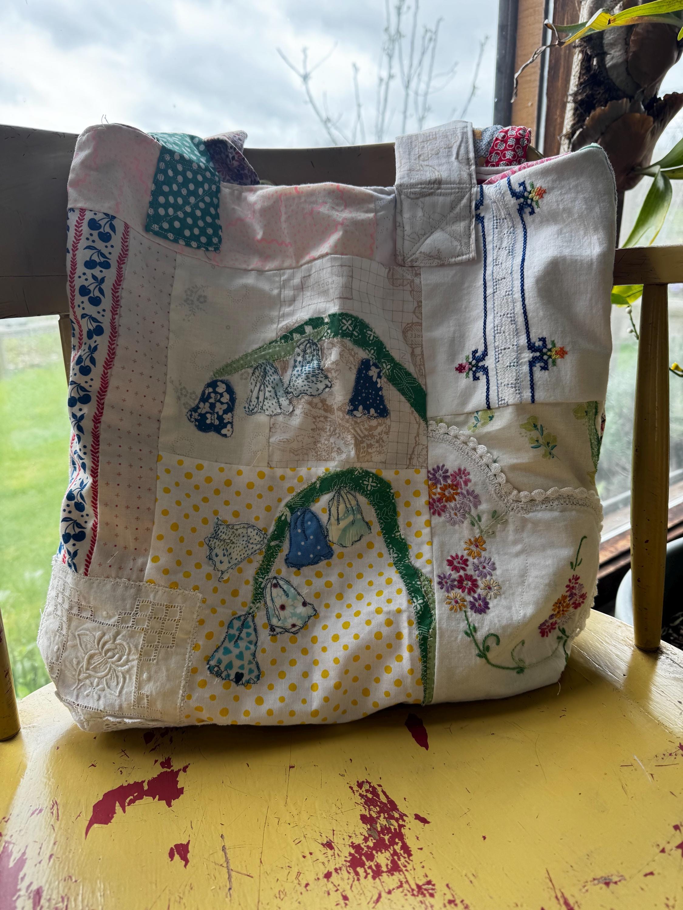 One of a Kind Patchwork Purse, Made from Upcycled Linens & Vintage Embroidery, Floral Cottagecore Tote