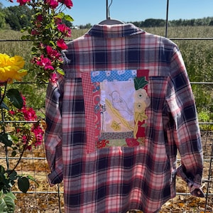 Flannel Shirt with Bird Patchwork – Size Large – Cottagecore, Folk Art, One-of-a-Kind, upcycled fashion