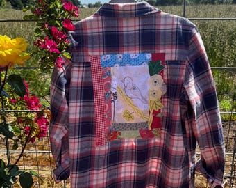 Flannel Shirt with Bird Patchwork – Size Large – Cottagecore, Folk Art, One-of-a-Kind, upcycled fashion