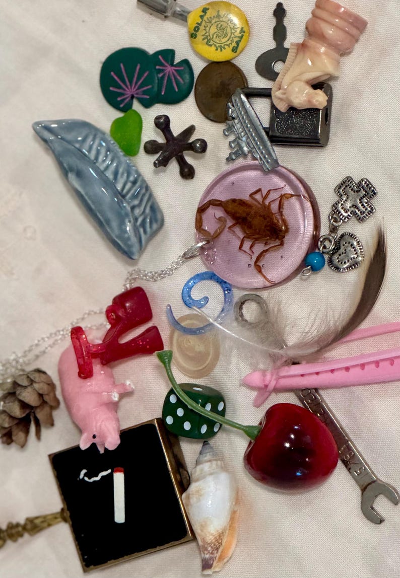 May include: A collection of assorted trinkets including a scorpion resin pendant, a pink pig figurine, a red cherry charm, a metal wrench, a seashell, a pinecone, a green die, a blue ceramic leaf, a metal padlock, and various small charms and tokens.