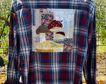 Flannel Shirt with Mushroom Patchwork – Unisex Size Large – Cottagecore Folk Art, upcycled fashion