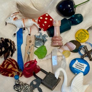 May include: A collection of small objects including a white goat figurine, a red die, a pink chess rook, a pinecone, a blue plastic knife, a wooden clothespin, a metal padlock with a key, a white swan figurine, and a blue button reading I read banned books.