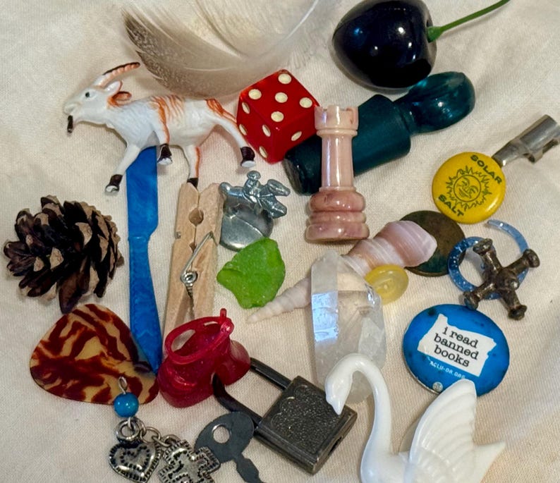 May include: A collection of small objects including a white goat figurine, a red die, a pink chess rook, a pinecone, a blue plastic knife, a wooden clothespin, a metal padlock with a key, a white swan figurine, and a blue button reading I read banned books.