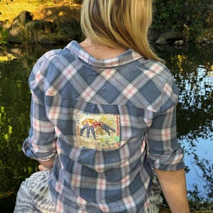 Flannel Shirt with Spider Patchwork – Size Medium – Cottagecore, Folk Art, One-of-a-Kind, upcycled fashion