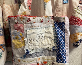 Tote Bag –  Patchwork Swan—One of a Kind Upcycled Quilt Purse with Vintage Embroidery, Handmade Textile Collage Tote