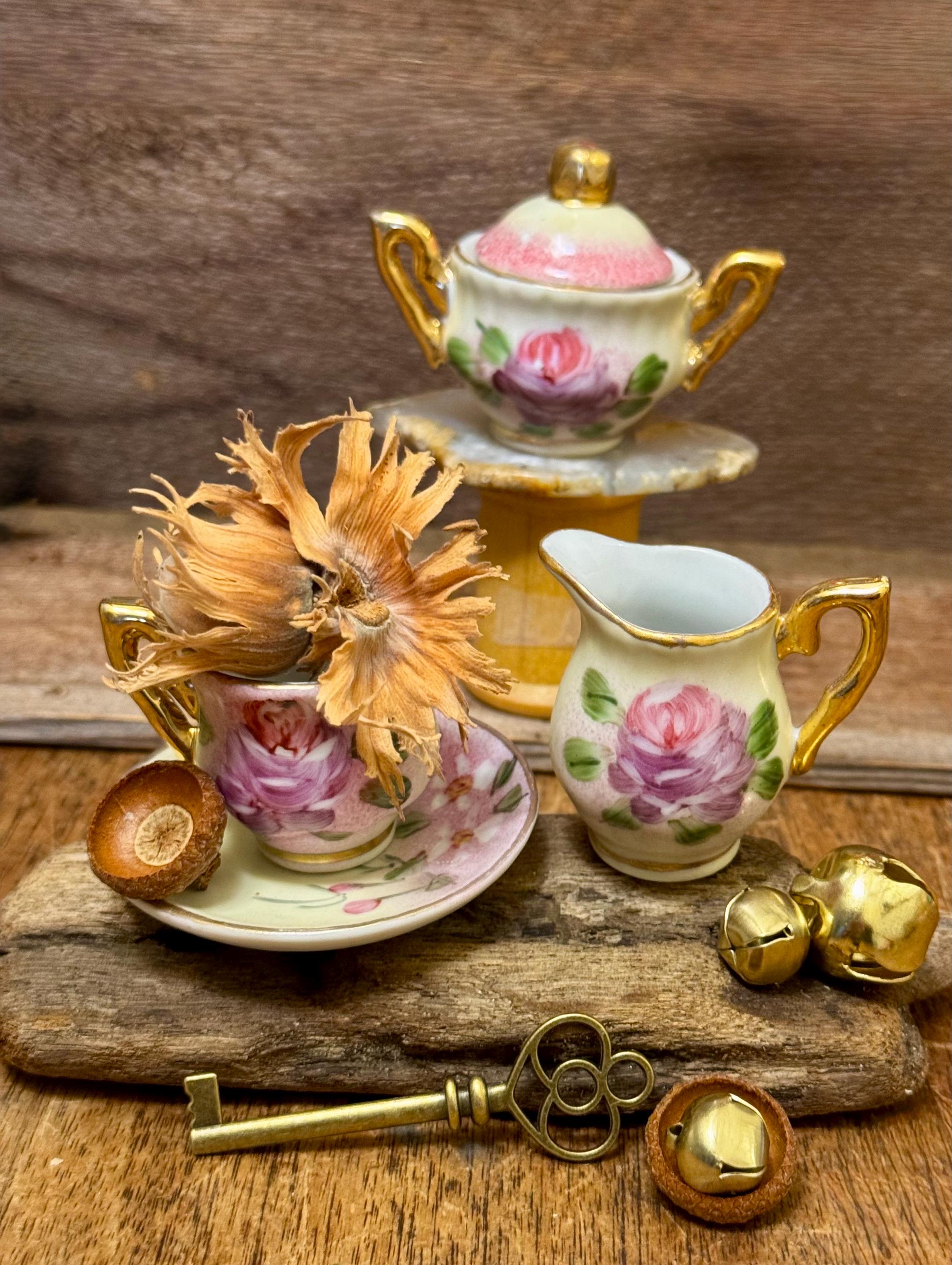 Vintage Mini Rose Tea Set • Fairy Tea Party Kit • Woodland Hearth Scene ...